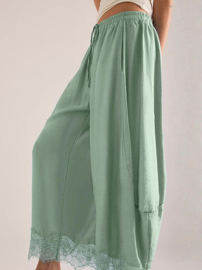 Split-Joint Solid Color Pockets Elasticity Drawstring Wide Leg Loose Trousers Pants