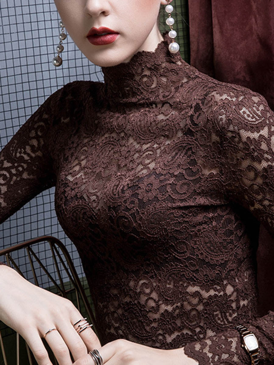 See-Through Jacquard Skinny Plus Size Mock Neck T-Shirts Tops