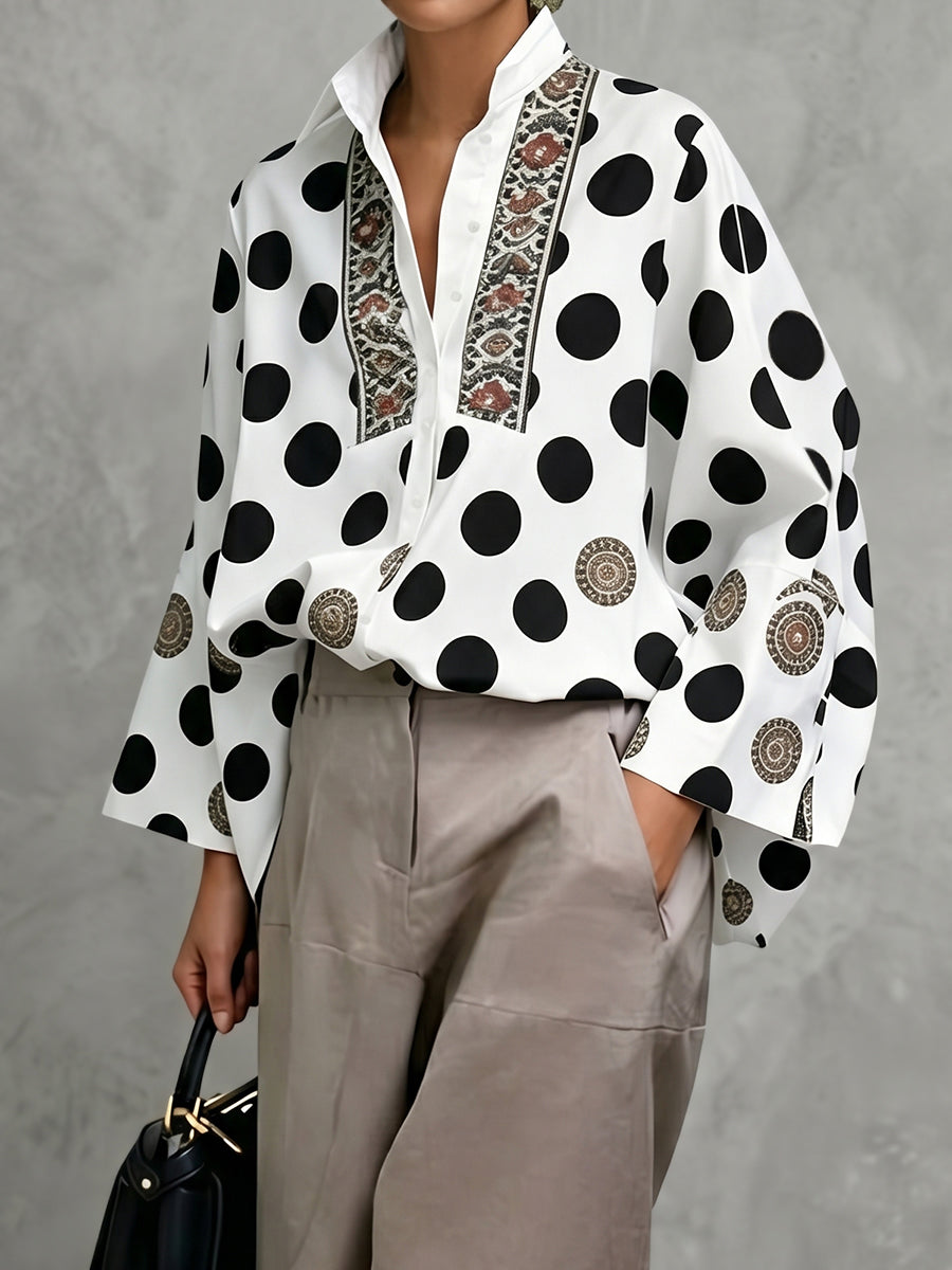 Long Sleeves Loose Buttoned Polka Dot Printed V-Neck Blouses&Shirts Tops