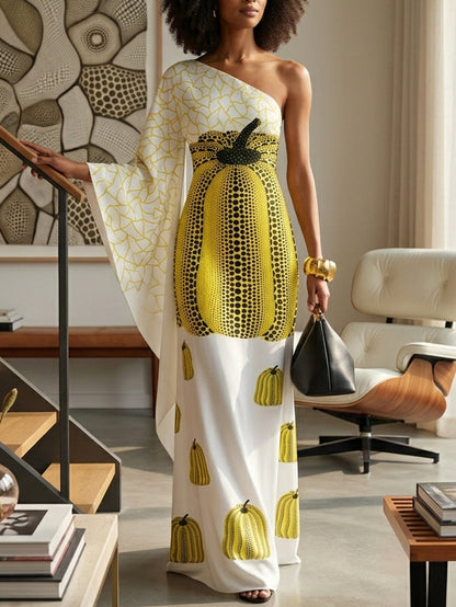Long Sleeves Loose Asymmetric Printed One-Shoulder Maxi Dresses