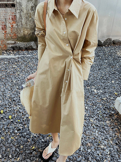 Long Sleeves Loose Asymmetric Solid Color Lapel Shirt Dress