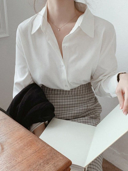 Long Sleeves Plus Size Buttoned Comfort Solid Color Lapel Blouses&Shirts Tops