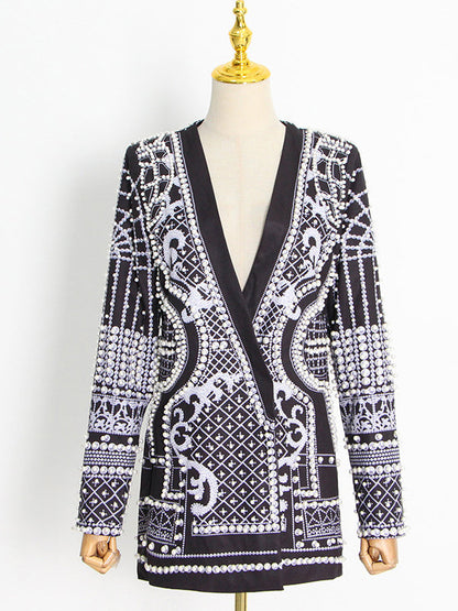 Long Sleeves Loose Beads Printed V-Neck Blazer Outerwear