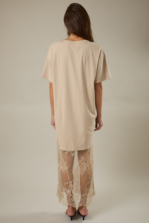 Round Neck Lace Joined T-Shirt Maxi Dress
