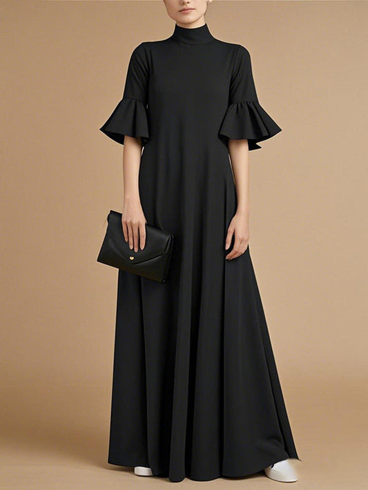 A-Line Flared Sleeves Pleated Solid Color Mock Neck Maxi Dresses
