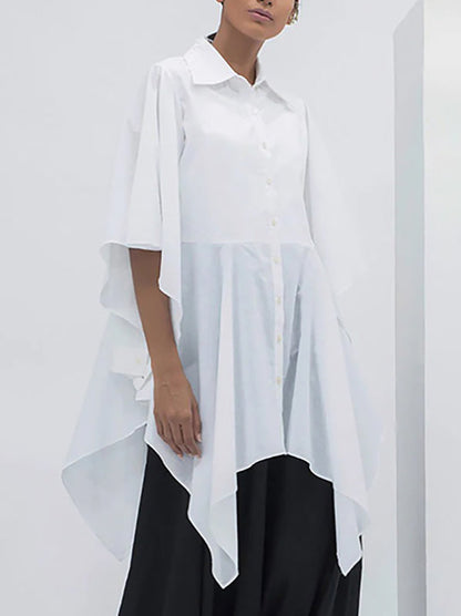 Chemisiers et chemises à manches évasées, manches mi-longues, boutonnés, couleur unie, à revers fendus 