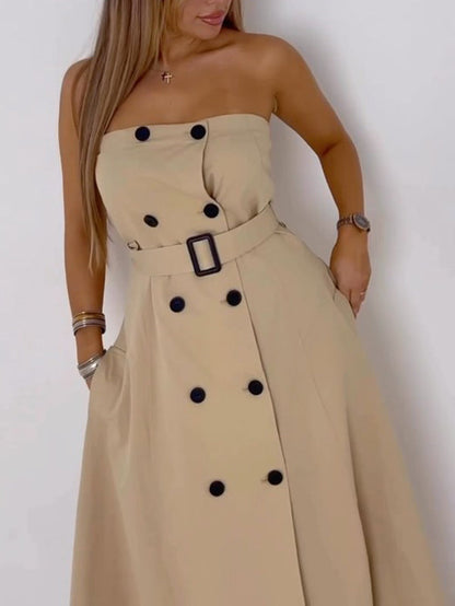 A-Line Loose Belted Buttoned Pockets Tube Maxi Dresses
