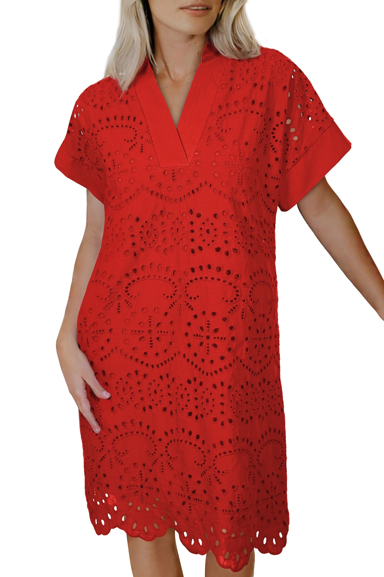 White Solid Color Eyelet Embroidered T Shirt Mini Dress