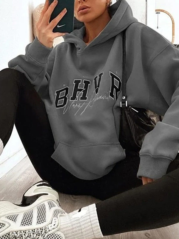 Long Sleeves Loose Keep Warm Letter Print Velvet Hooded Hoodies Tops