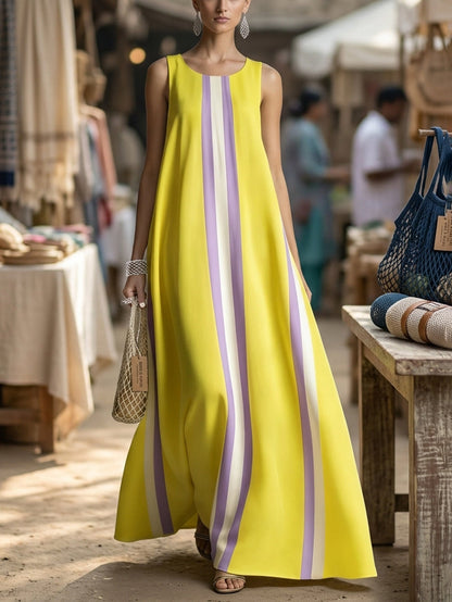 A-Line Loose Pockets Striped Round-Neck Maxi Dresses