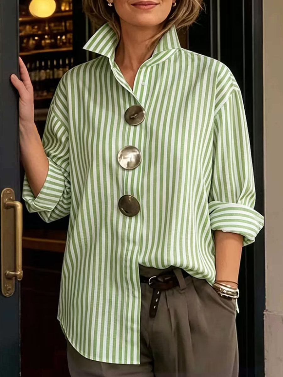 Striped Contrast Color Buttoned Loose Long Sleeves Stand Collar Blouses&shirts Tops
