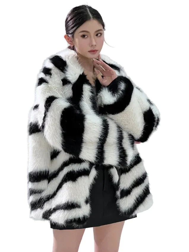 Women Zebra Print Faux Fur Coat | Oversized Fluffy Striped Jacket