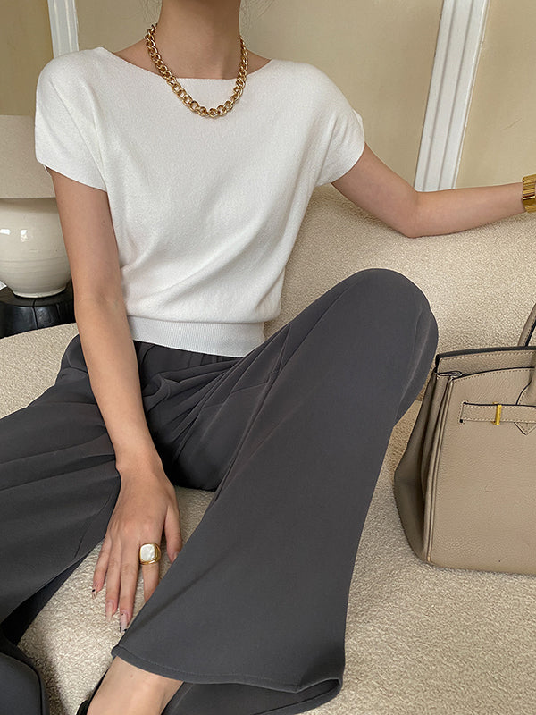 Stylish Loose Solid Color Boat Neck Knitwear Pullovers Tops