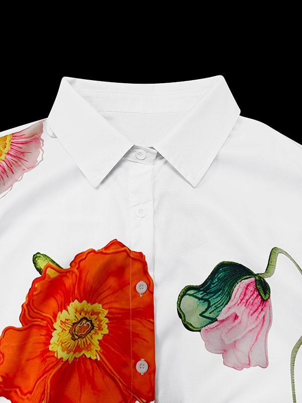 Flared Sleeves Long Sleeves Flower Print Split-Joint Tied Stand Collar Blouses&Shirts Tops