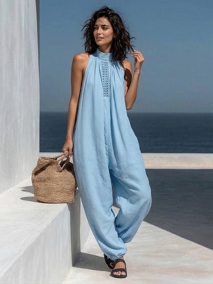 Loose Sleeveless Hollow Pockets Solid Color Mock Neck Jumpsuits