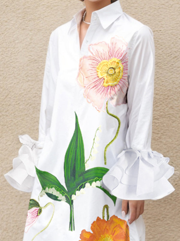 A-Line Flared Sleeves Floral Printed Split-Joint Split-Side Lapel Collar Maxi Dresses Shirt Dress