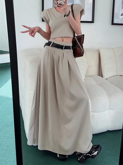 A-Line High Waisted Belted Pleated Solid Color Skirts Bottoms