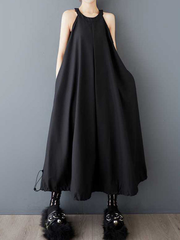 A-Line Loose Drawstring Pleated Pockets Solid Color Zipper Spaghetti-Neck Midi Dresses