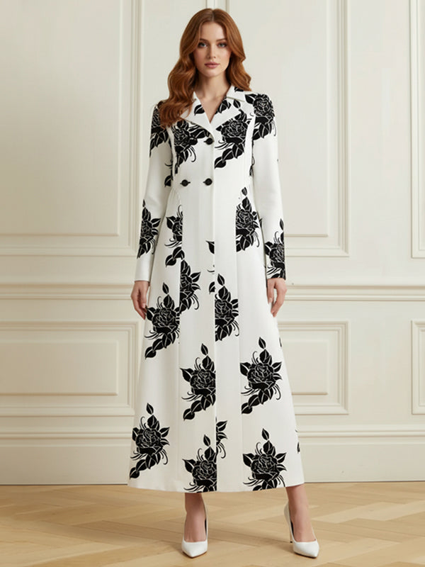 Long Sleeves Buttoned Contrast Color Double-Breasted Flower Print Pockets Lapel Overcoat