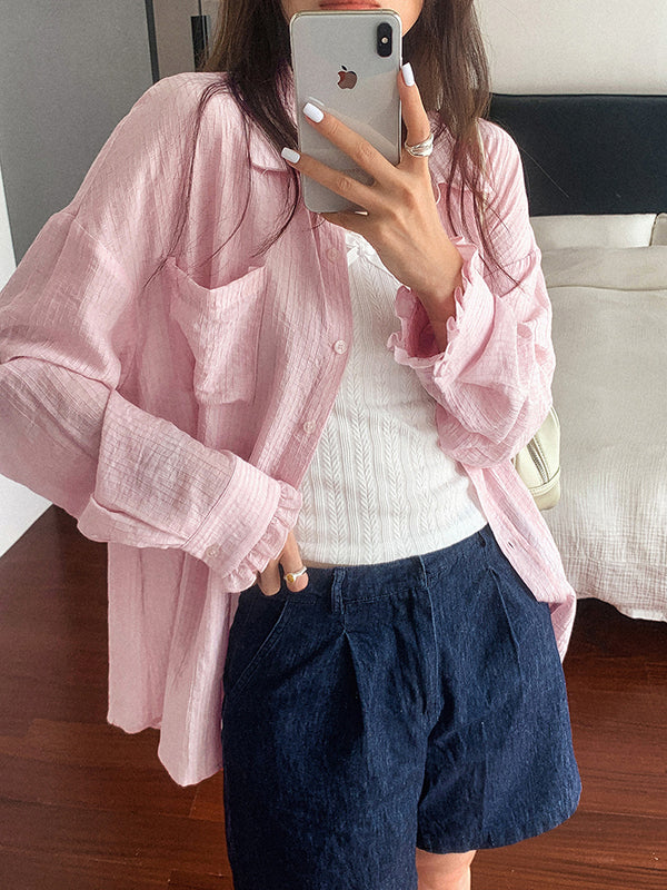 Long Sleeves Loose Buttoned Pockets Ruffle Trim Solid Color Lapel Blouses&Shirts Tops