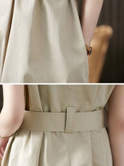 Plus Size Short Sleeves Bandage Solid Color Lapel Midi Dresses