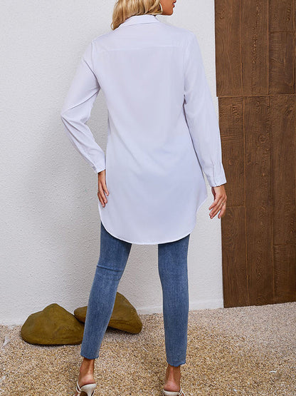 Long Sleeves Loose See-Through Solid Color Split-Joint Lapel Blouses