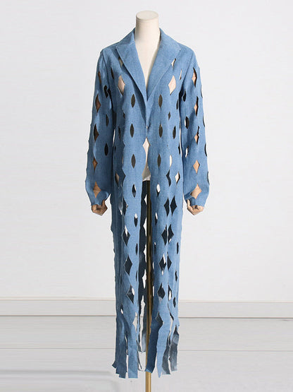 Long Sleeves Loose Hollow Solid Color Tasseled Notched Collar Denim Outerwear