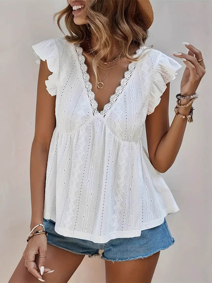 A-Line Loose Hollow Pleated Ruffled Solid Color Split-Joint Textured V-Neck Blouses&Shirts Tops