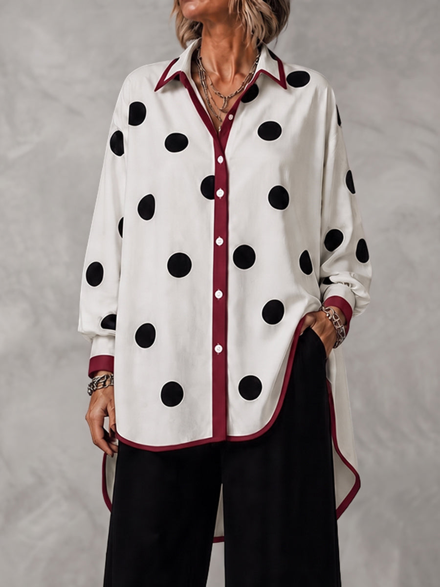 Polka-Dot Contrast Color Buttoned Loose Long Sleeves Lapel Blouses&shirts Tops