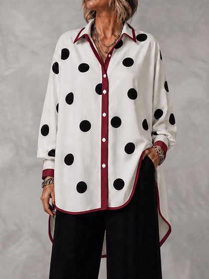 Polka-Dot Contrast Color Buttoned Loose Long Sleeves Lapel Blouses&shirts Tops