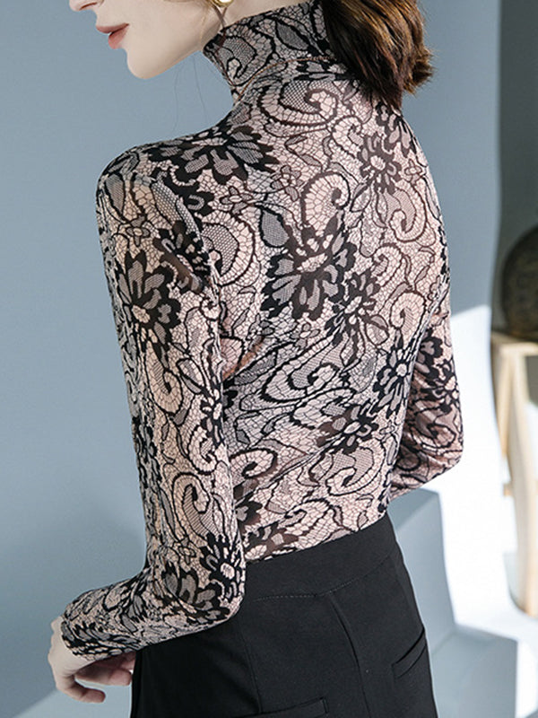 Long Sleeves Flower Print Pleated Mock Neck T-Shirts Tops