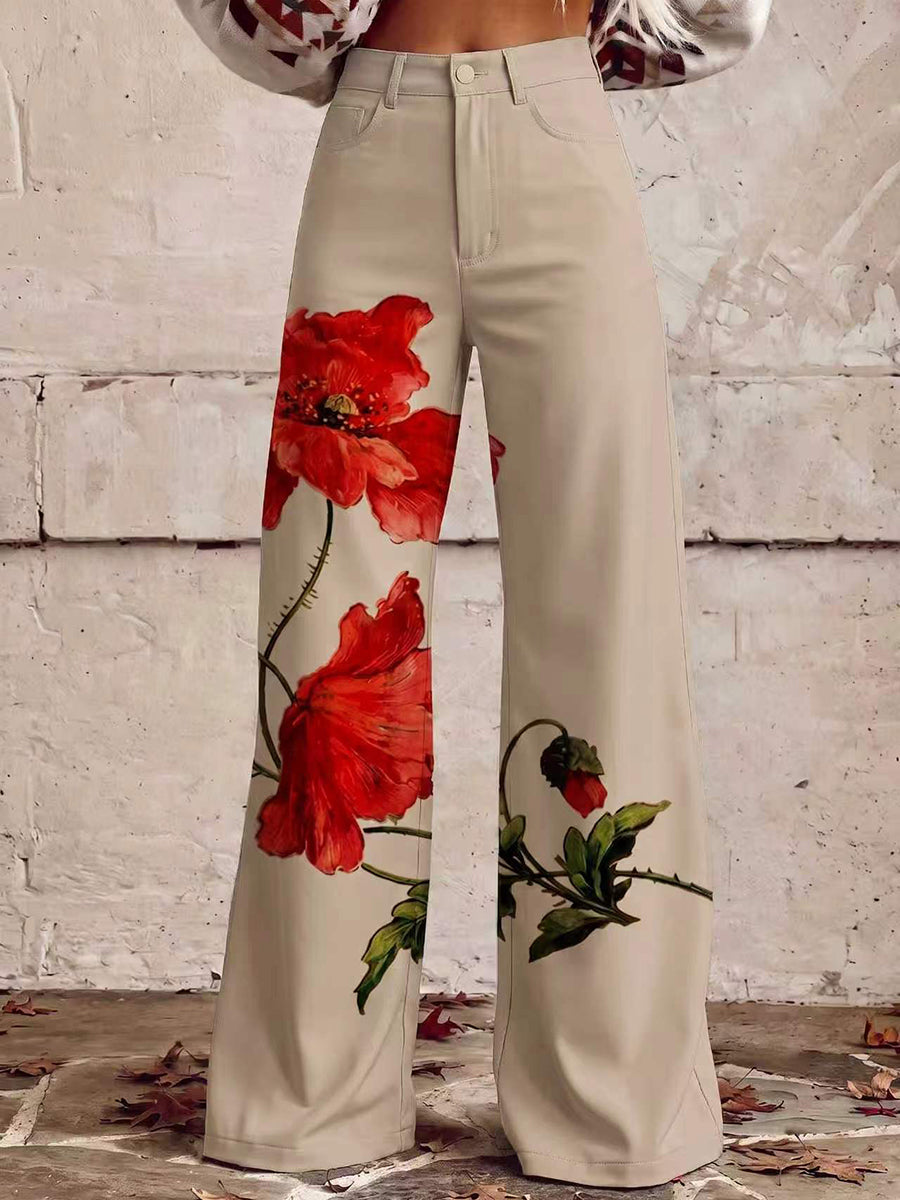 High Waisted Plus Size Buttoned Flower Print Pockets Pants Trousers