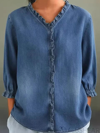 Long Sleeves Loose Pleated Ruffled Solid Color Split-Joint V-Neck Blouses&Shirts Tops