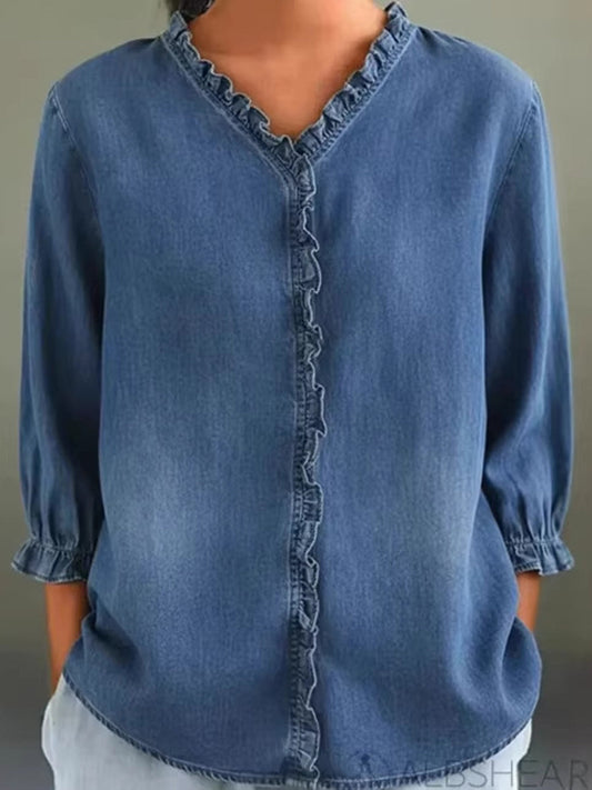 Long Sleeves Loose Pleated Ruffled Solid Color Split-Joint V-Neck Blouses&Shirts Tops