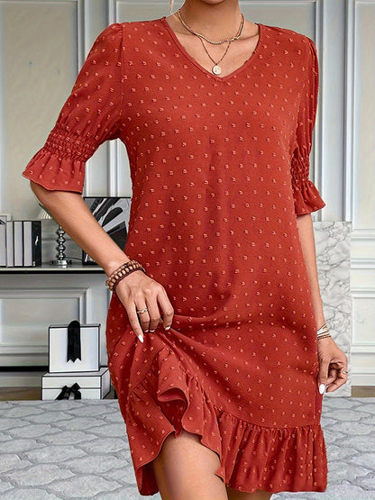 A-Line Flared Sleeves Elasticity Jacquard Pleated Solid Color Split-Joint V-Neck Mini Dresses
