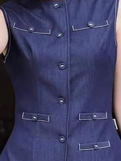 Loose Sleeveless Buttoned Pockets Solid Color Round-Neck Vest Top