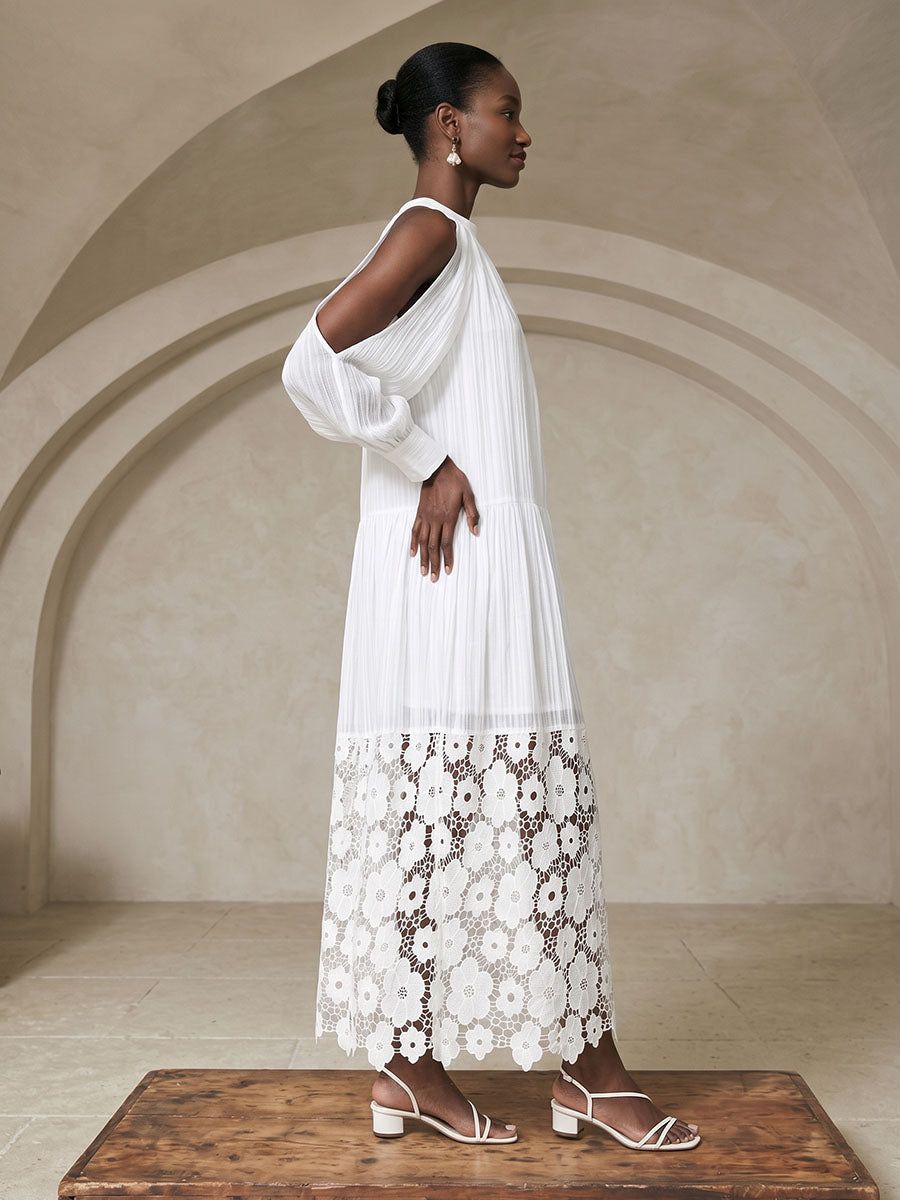 A-Line Long Sleeves Hollow Ruched Solid Color Split-Joint Cold Shoulder Maxi Dresses