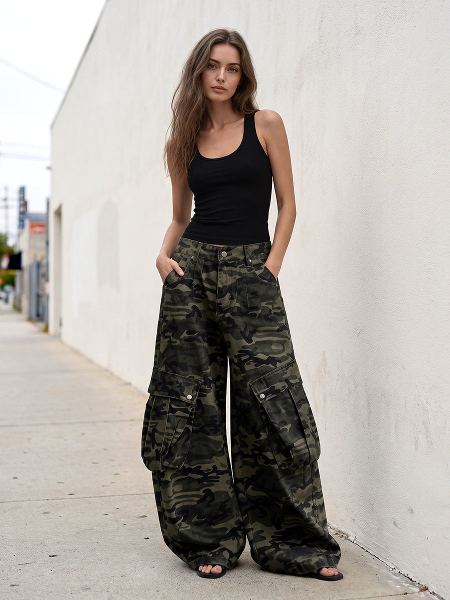 Zipper Pockets Camouflage Buttoned Wide Leg Loose Trousers Pants