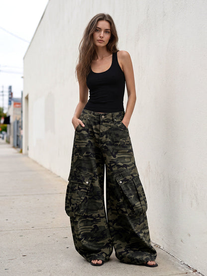 Zipper Pockets Camouflage Buttoned Wide Leg Loose Trousers Pants