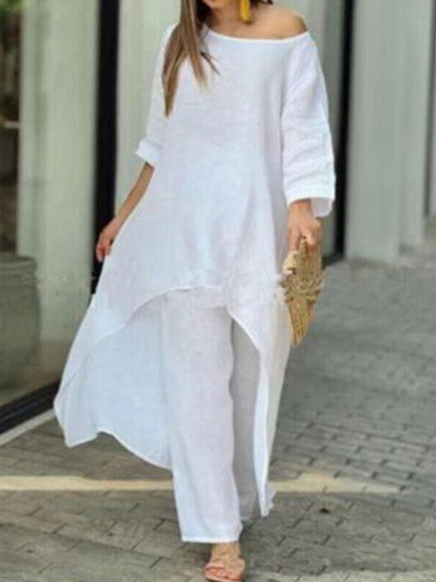 Asymmetric Solid Color High Waist High-Low Round-Neck Tops + Wide Leg Pants Bottoms Two Pieces Set