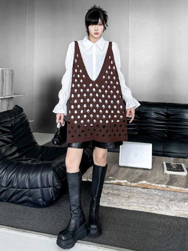 Loose Sleeveless Hollow Solid Color V-Neck Vest Top