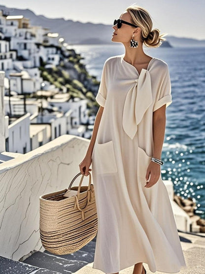 Loose Plus Size Asymmetric Knot Pockets Solid Color Bow Collar Maxi Dresses
