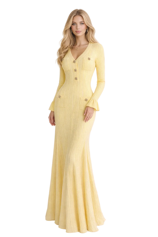 RIHANA Elegant Knit Button Maxi Dress