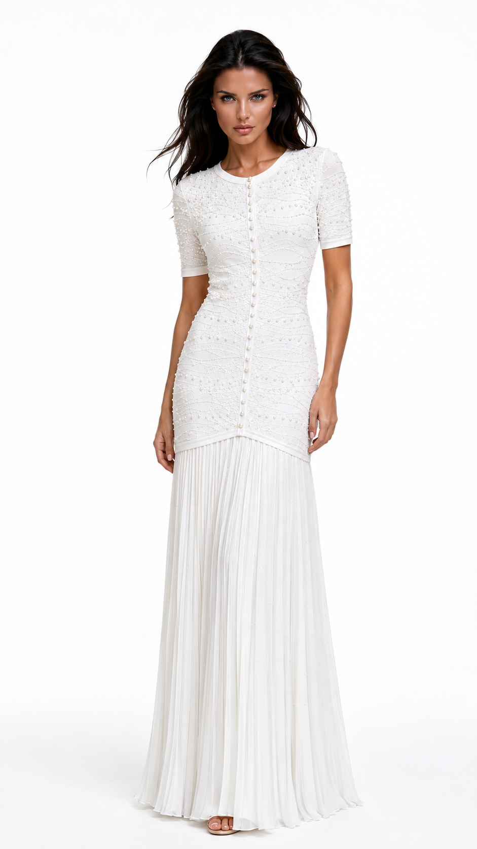 GINA Knit Pearl Embellished Pleated Maxi Dress – Elegant Beaded Gown