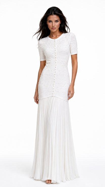 GINA Knit Pearl Embellished Pleated Maxi Dress – Elegant Beaded Gown