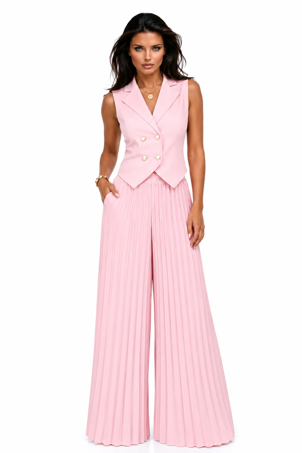 SOFIE Pleated Palazzo Pants Set | Elegant Vest & Wide Leg Set