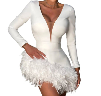 ABIA Long Sleeve Feathers Bandage Dress WHITE