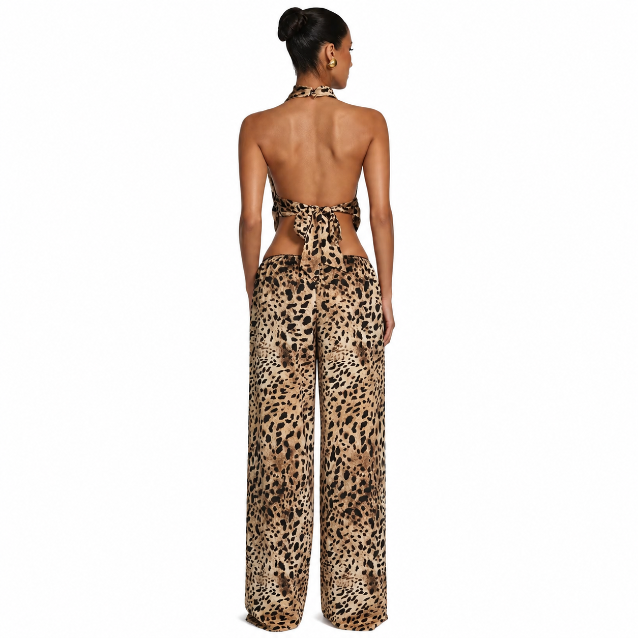 OPALO Wild Icon Leopard Halter Two-Piece Set – Draped Top & Wide-Leg Pants