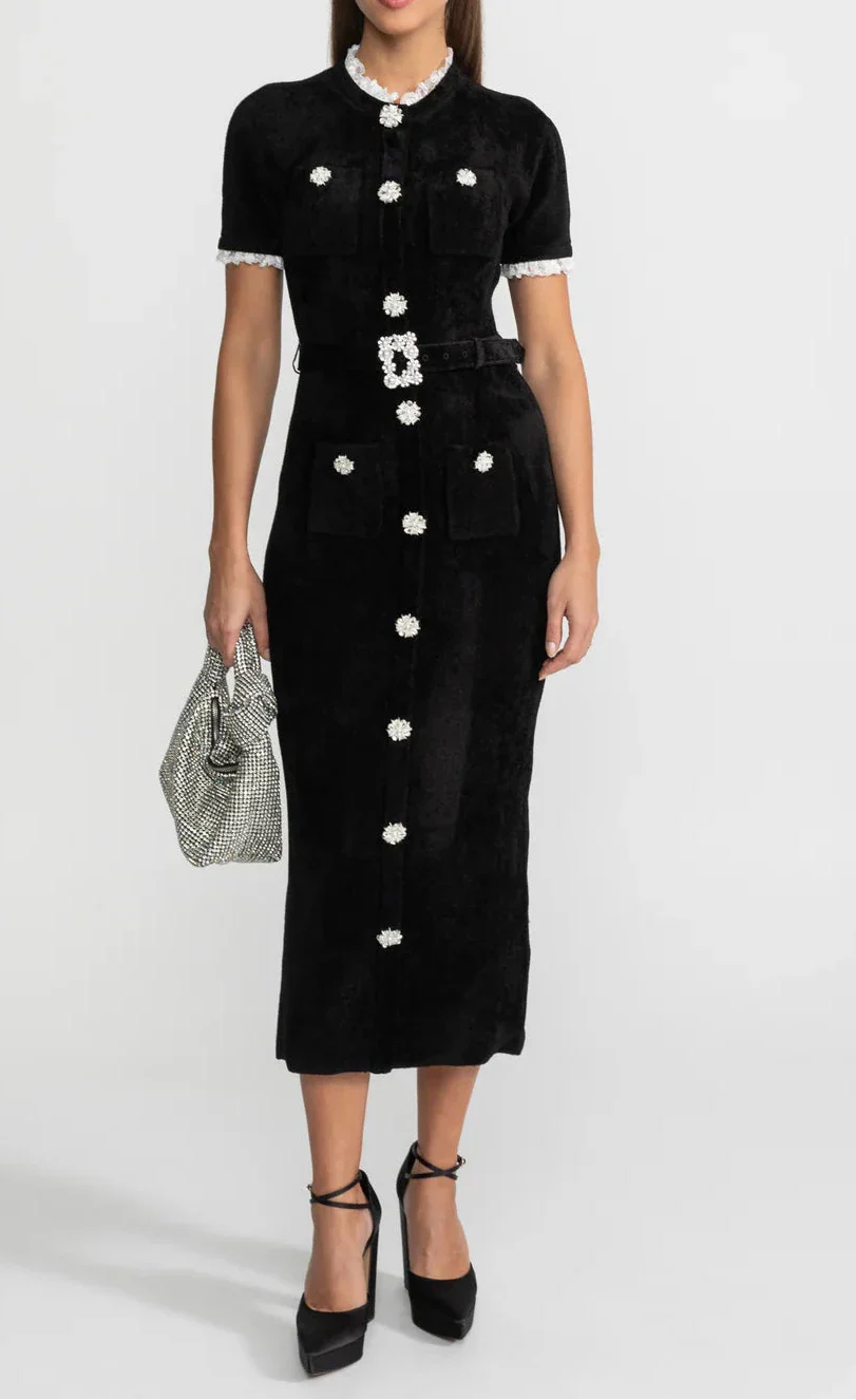 ADALIA Velvet Crystals Elegant Midi Bodycon Dress