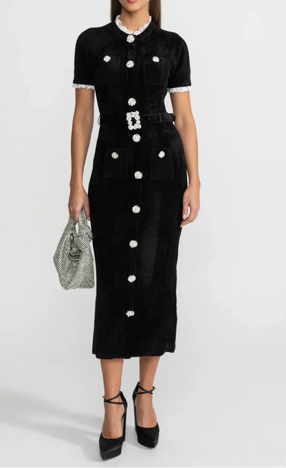 ADALIA Velvet Crystals Elegant Midi Bodycon Dress